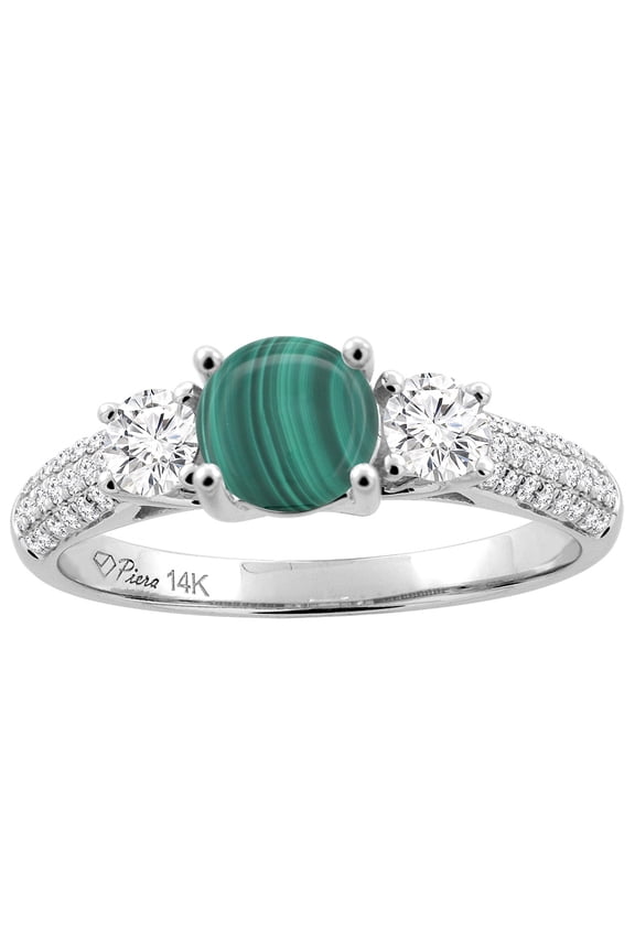 14K White Gold Natural Malachite Engagement Ring Round 6 mm & Diamond Accents, size 10