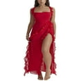thumbnail image 1 of Femmes Haut Côté Split Mesh Pure Longue Robe Sans Manches Volants Bretelles Irrégulière Ourlet Cocktail Midi Robes Rouge M, 1 of 8