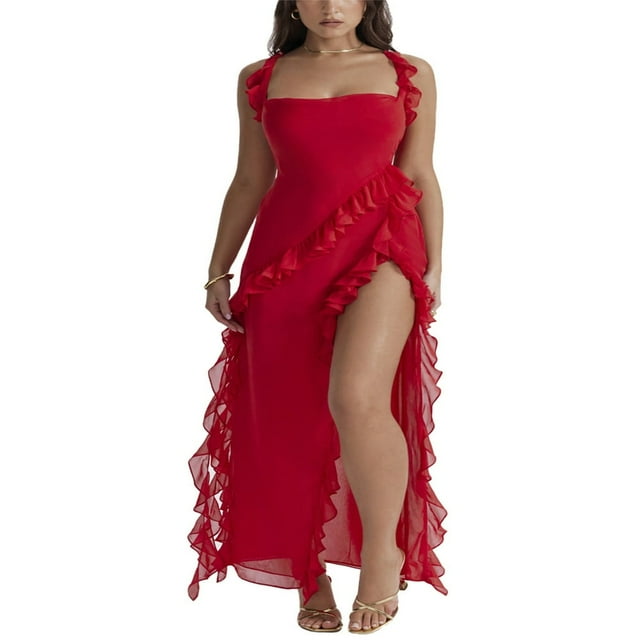 POINTERTECK Women High Side Split Mesh Sheer Long Dress Sleeveless Ruffles Strappy Irregular Hem Cocktail Midi Dresses Red M