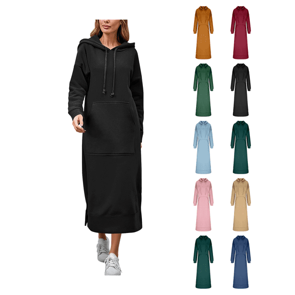 Zynoxe Plus Size Dresses for Women Drawstring Hooded Sweatshirt Dress Warm Fleece Lined Knit Dresses Casual Solid Color Long Sleeve Midi Dress with Side Spilt & Pockets S