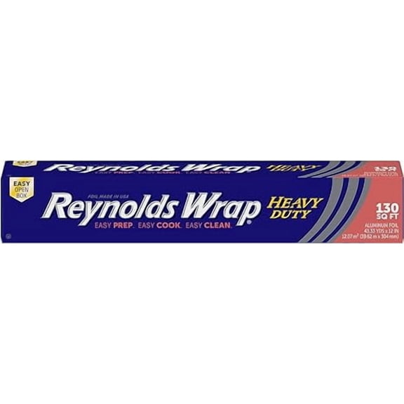 Reynolds Wrap Heavy Duty Aluminum Foil Roll, Thick Heavy Duty Foil for Added Strength and Durability, Secure Easy Open and Close Tab, 12 Inches Wide, 130 Sq. Ft.