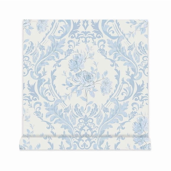Aqestyerly Blue Damask Floral Peel and Stick Wallpaper Vintage Rose Adhesive Wallpaper for Bedroom Living Room
