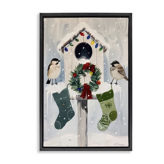 Stupell Industries Rustic Lodge Festive Christmas Birdhouse Black Floating Frame Canvas Art, 17 x 25, by Arlington Prints