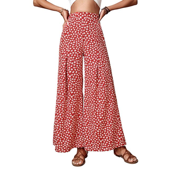 Pantalones sueltos de pierna ancha de cintura alta con estampado floral plisado pantalones de campana para mujer