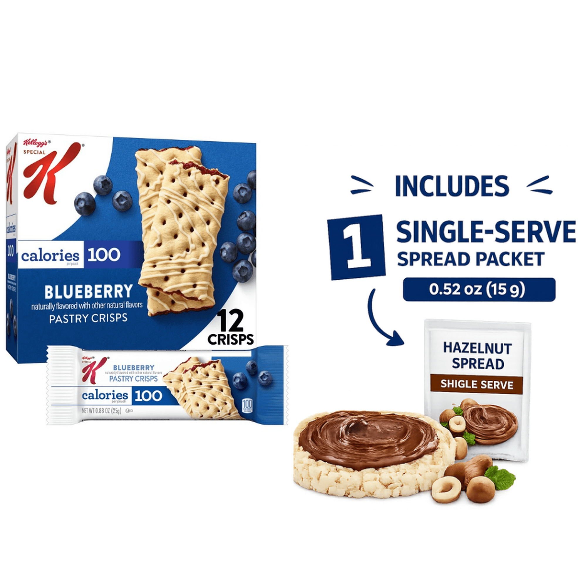 Special K Bar Blueberry Chewy Pastry Crisps 100 Calorie Snacks 5.28 oz 12 Count, with single serve Hazelnut 0.52 oz