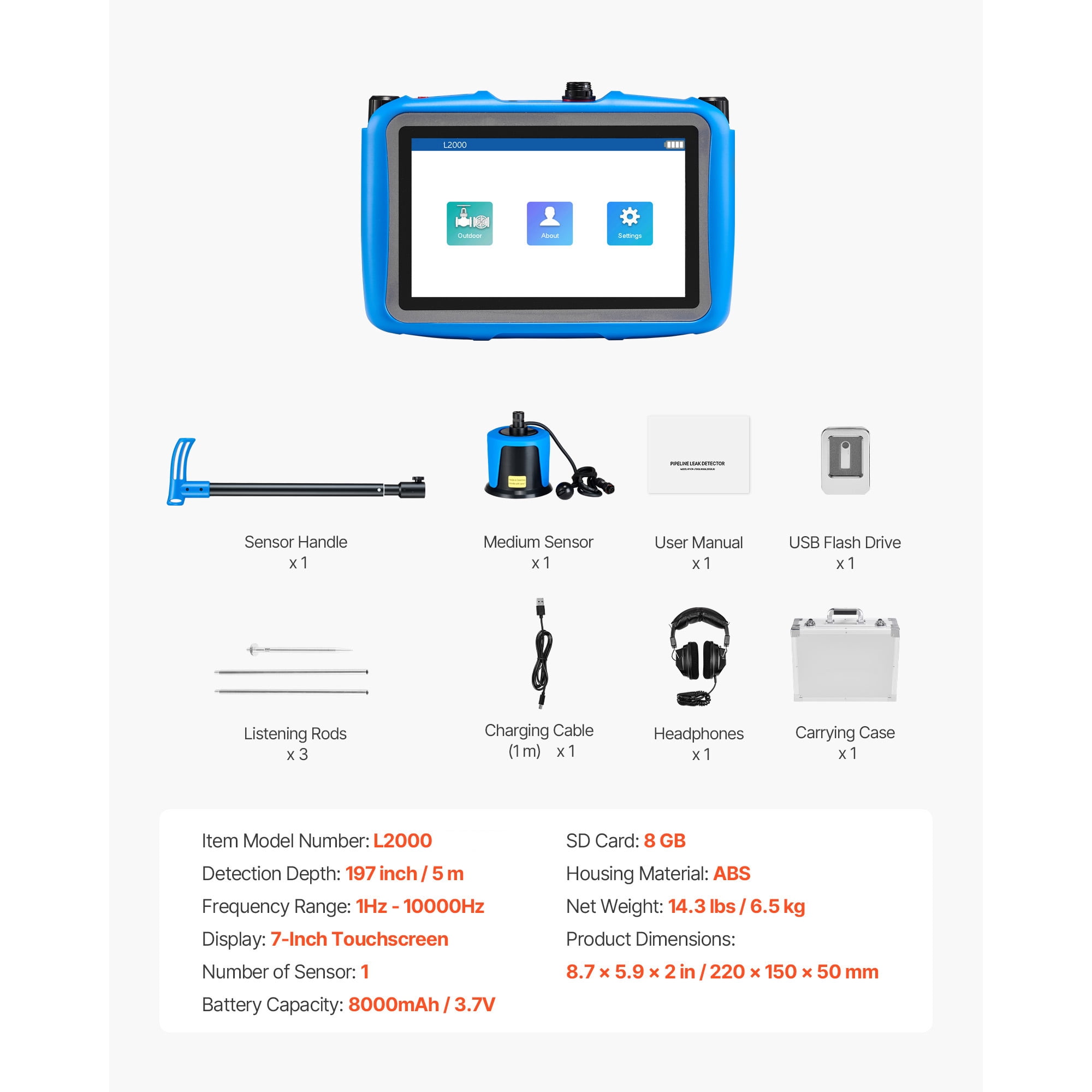 KFFKFF Pipe Water Leak Detector for Outdoor Use, 1Hz-10000Hz Frequency Range, 7" Touchscreen Locator for Plumbing up to 16.4FT (5m) Underground - Includes Medium Sensor, Listening Rods