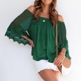 thumbnail image 4 of Women Off Shoulder Top 3/4 Bell Sleeves Loose Fit Elastic Neckline Lining Inside Summer Blouse Blackish Green S, 4 of 8