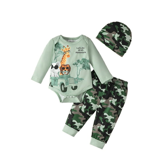 Kucznuki Newborn Baby Boys Outfit Set 0-3 Months Winter Clothes Long Sleeves Giraffe Elephant Print Romper Top Camouflage Pants Sets with Hat 3pcs Warm Clothing Green