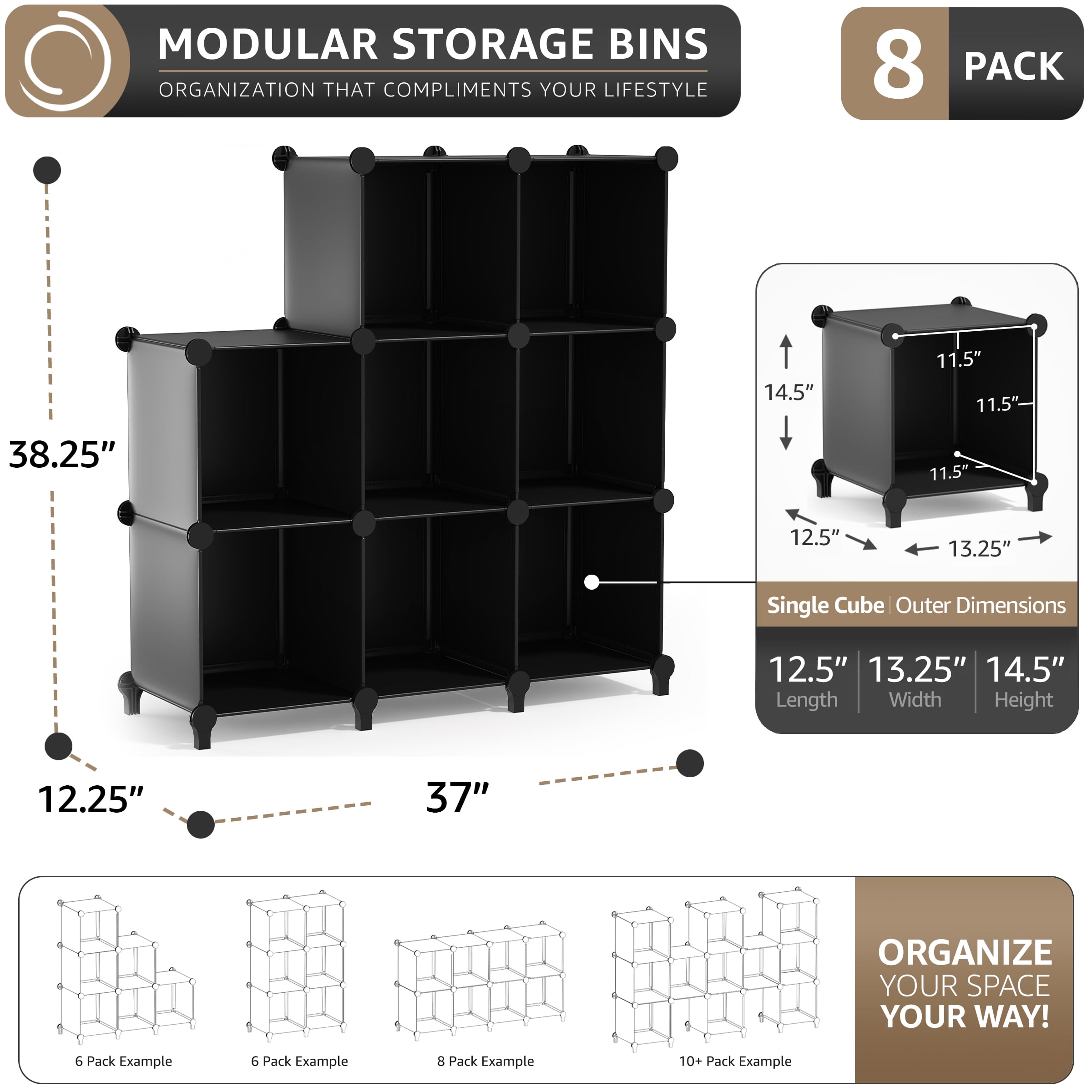 Sorbus 8-Cube Modular Storage Organizer for Home & Office, Waterproof, Black