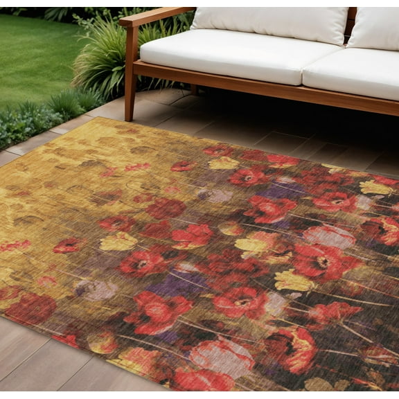 HomeRoots 597061 9 x 12 ft. Gold Red & Brown Floral Washable Indoor & Outdoor Rectangle Area Rug