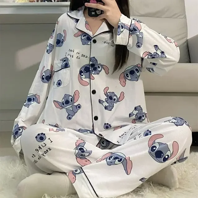 Chaqueta de primavera y otoño con dibujos animados de anime de Lilo y Stitch, ropa de casa bonita de Disney, pijama informal de moda para estudiantes de Stitch, conjunto de dos piezas