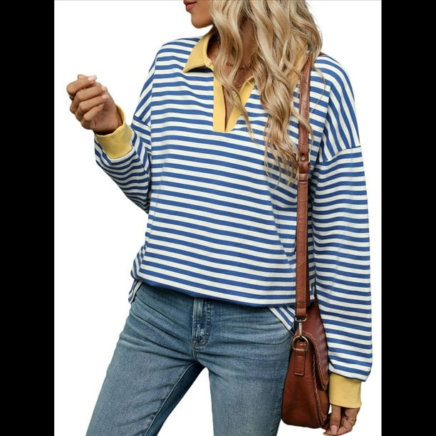 Sudaderas A Rayas de Talla Grande para Mujer, de Larga, con Cuello de Solapa, Informales, Suaves, Tipo Pulóver, Camisetas Azul M
