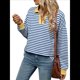 thumbnail image 1 of Sudaderas A Rayas de Talla Grande para Mujer, de Larga, con Cuello de Solapa, Informales, Suaves, Tipo Pulóver, Camisetas Azul M, 1 of 10