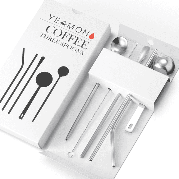 6-Piece Coffee Spoon & Straw Set, Stainless Steel Espresso Spoons and Reusable Metal Straws with Cleaning Brushes for Coffee, Tea & Drinks