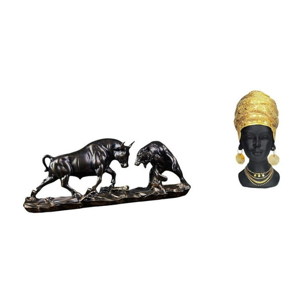 Estatua de escritorio,Figura decorativa de pelea de toros y osos,Colecciones de esculturas de toros,artesanía de resina,decoración,Estatua de mujer africana,Estante de oficina con estatua de