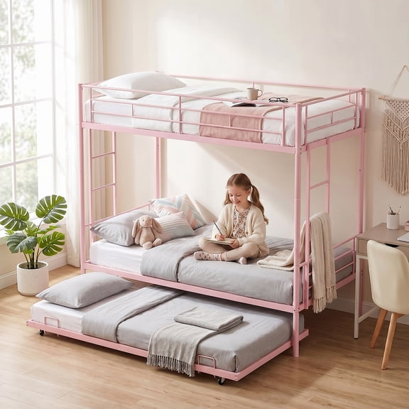 Triple Bunk Bed Twin over Twin with Trundle, Convertible Metal Bunk Bed Frame with Ladder & Guardrail, Space-Saving for Teens and Adults, Bedroom Dorm