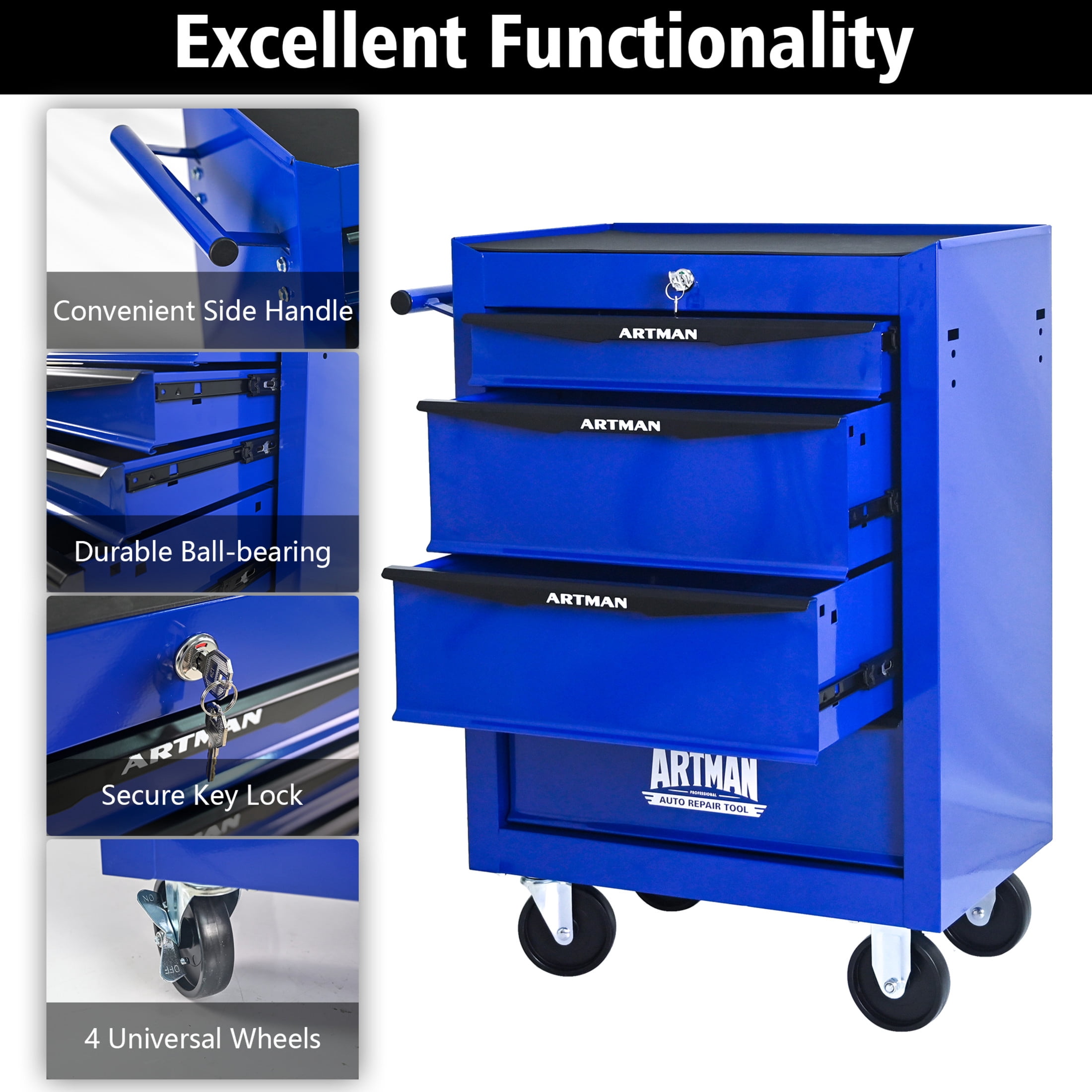 Noble House 4-Drawer Mobile Steel Tool Organizer with Key Lock, Ball Bearing Slide Storage Cabinet Box, Blue