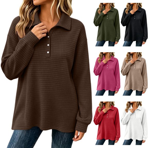 Womens Waffle Knit Long Sleeve Collared Golf Shirt Oversized Pullover Slouchy Sweatshirt Casual Fall Clothing for Daily Wear Travel, Brown, XL