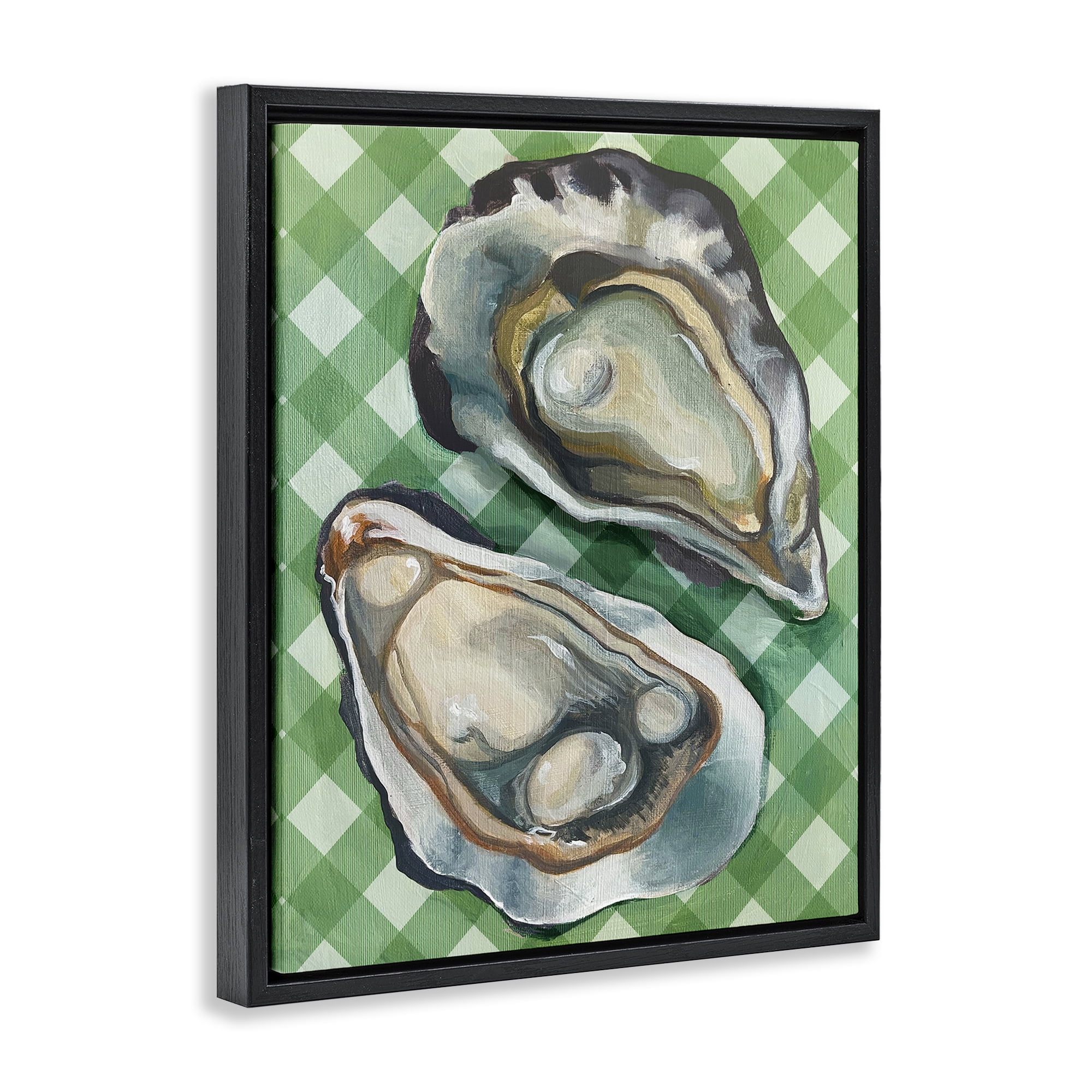 Stupell Industries Oysters on Green Plaid Animals Painting Black Floater Framed Canvas Art Print Wall Art, 17 x 21