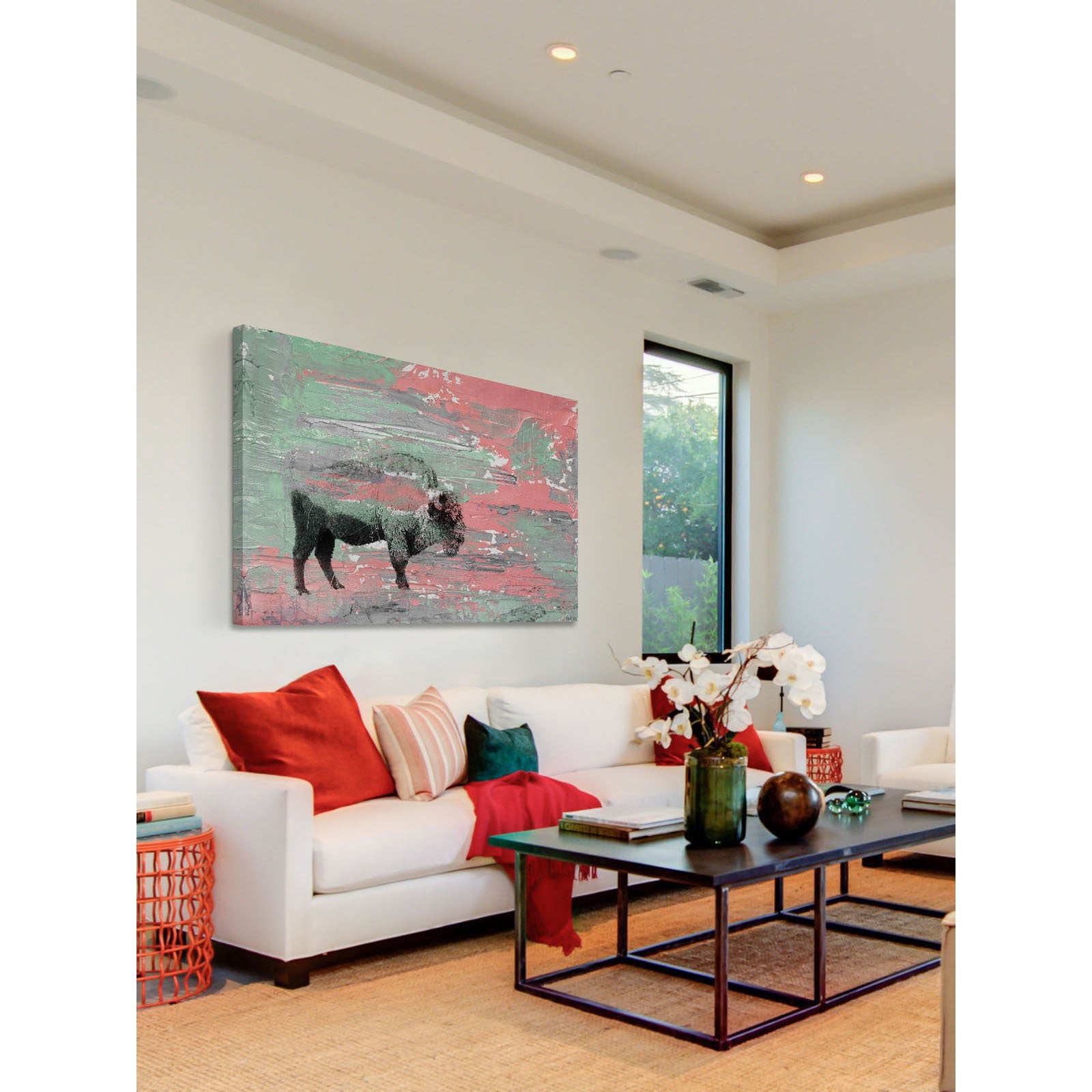 "Green Paint Buffalo" Painting Print on Wrapped Canvas