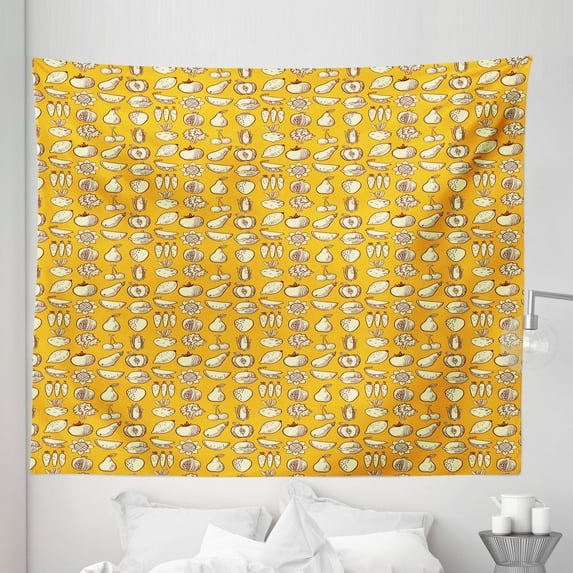 Food Tapestry, Repetitive Pattern with Outline Fruits and Vegetables, Fabric Wall Hanging Decor for Bedroom Living Room Dorm, 5 Sizes, Pale Orange Pale Yellow, by Ambesonne