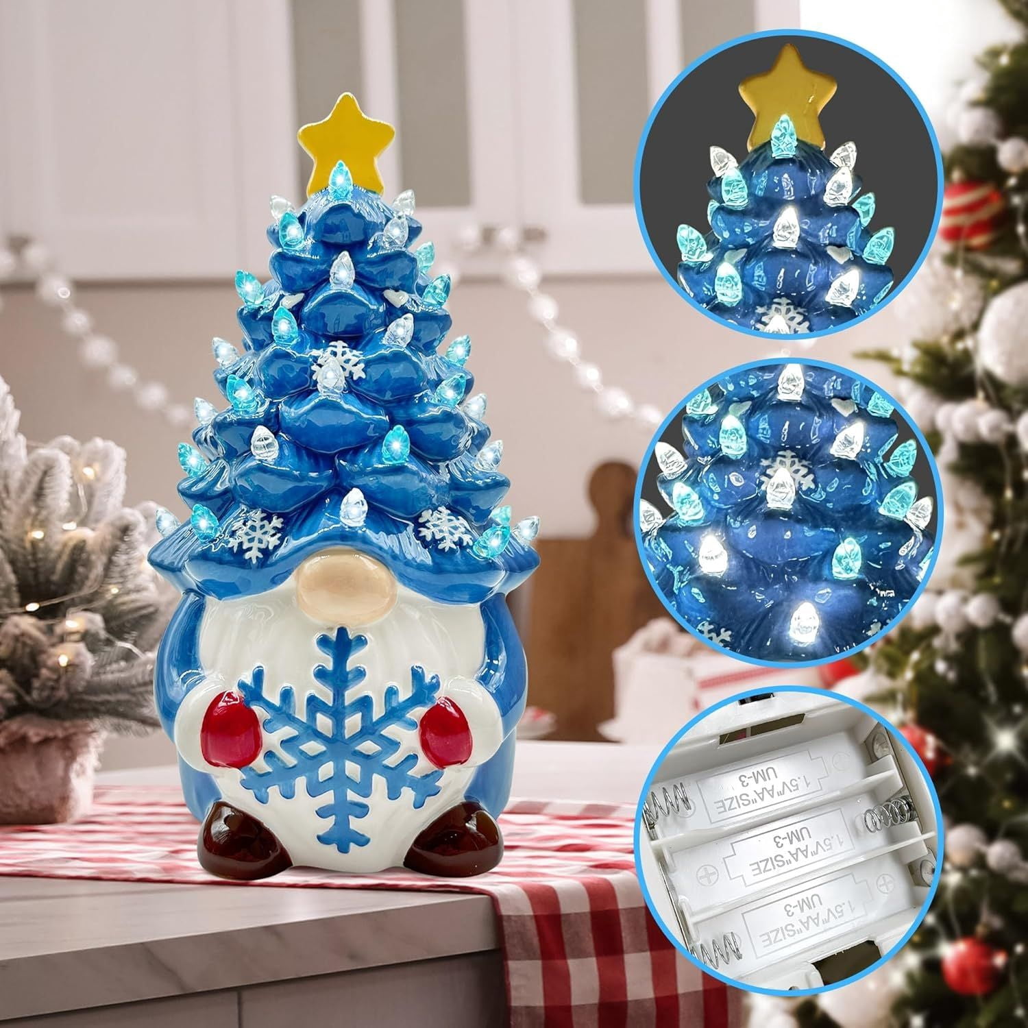 Christmas Gnome Christmas Tree, 8In Mini Ceramic Lighted Christmas Tree, Small Mini Prelit Xmas Holiday Decor for Tabletop Home Room Table Fireplace Office