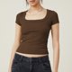 thumbnail image 2 of Camiseta de mujer transpirable con cuello cuadrado de color puro y manga corta ajustada para desplazamientos, 2 of 5