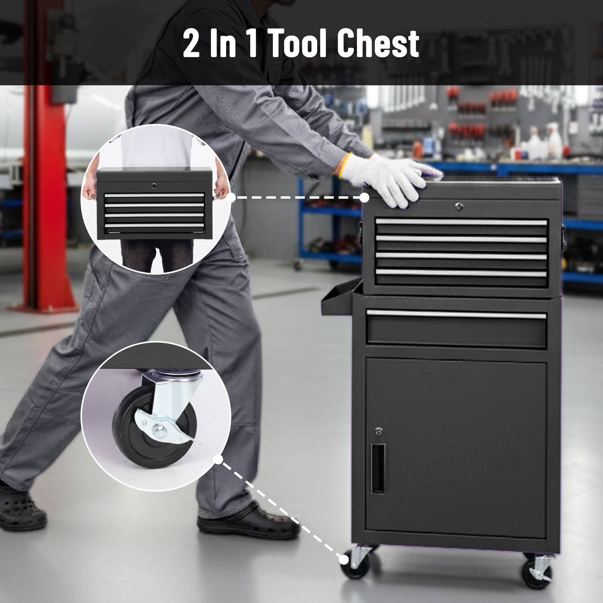 5-Drawer Rolling Tool Chest, Stainless Steel Tool Box with Brake Wheels and 4 Drawers, Black Detachable Tool Cart, Black