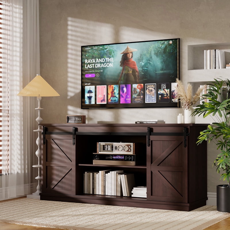Furmax 65 inch TV Stand Entertainment Center with Sliding Barn Doors and Storage,Espresso