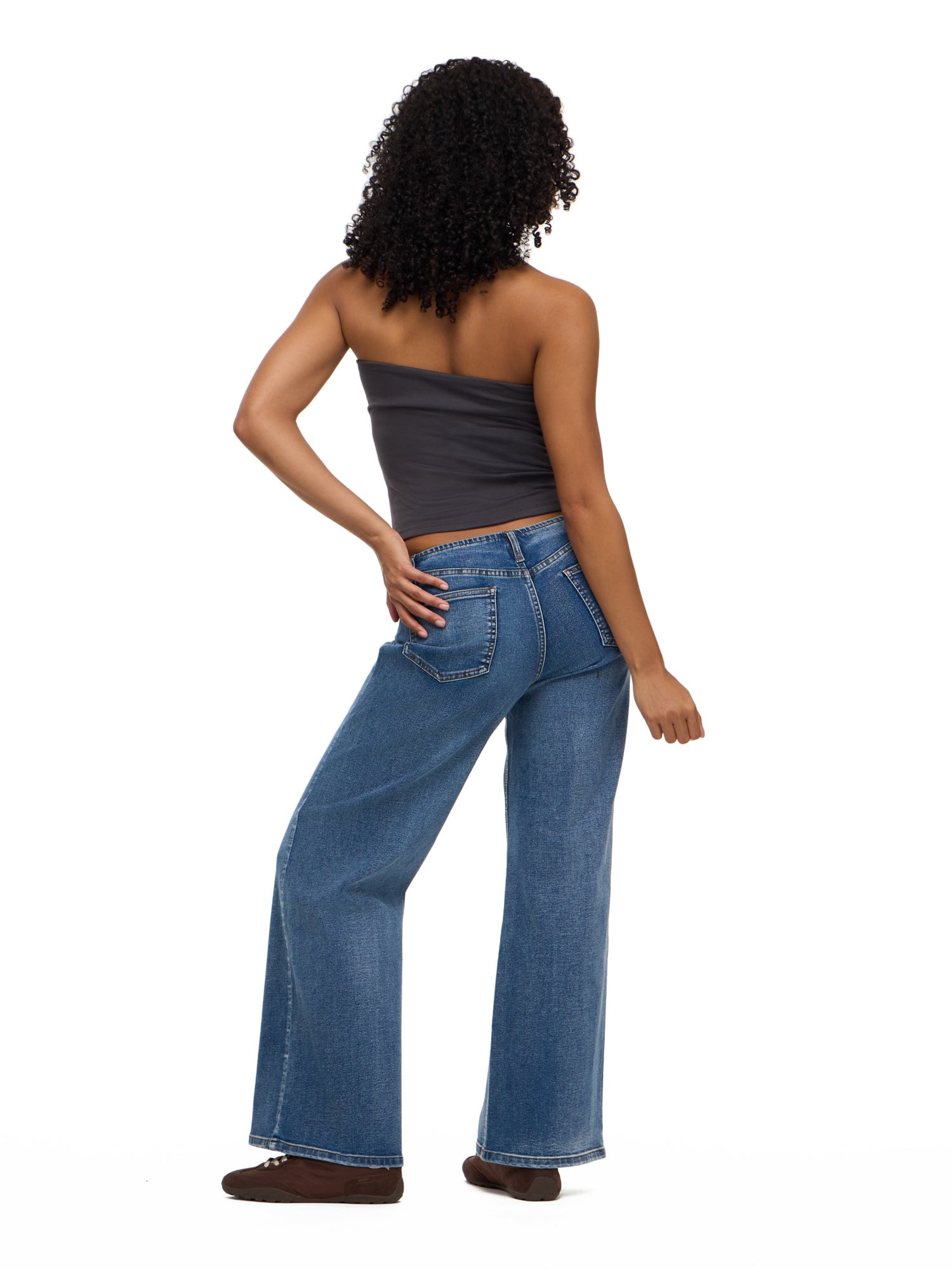 Forever 21 Women's No Waist Wide Leg Denim Pants, Stretch Cotton Blend Jeans, Mid Rise Casual Everyday Denim Style, Medium Acid Wash, Blue, 00-18
