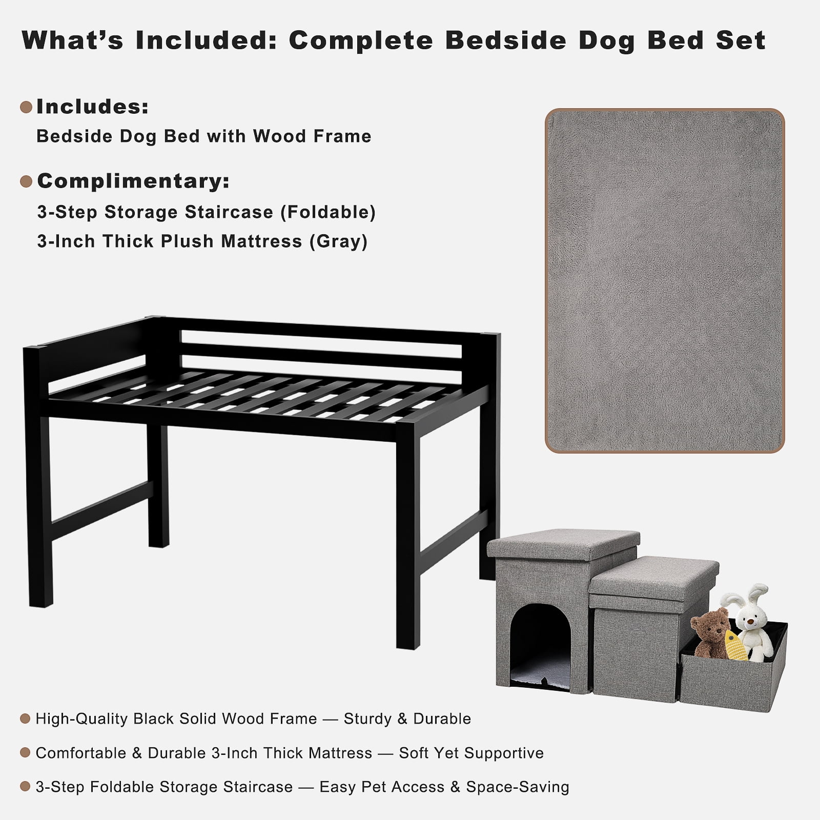 Bedside Dog Bed with Stairs and Mattress, Elevated Wooden Pet Bed Frame with 3-Step Foldable Storage Staircase & Plush Mattress, for Medium Dogs and Large Dogs, Large Size