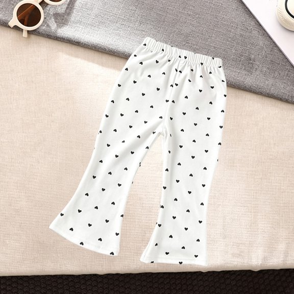 RUTAYY Girls Flare Pants Heart Print Elastic Waist Kid Trousers Soft Thick Bottom Casual Daily Wear White