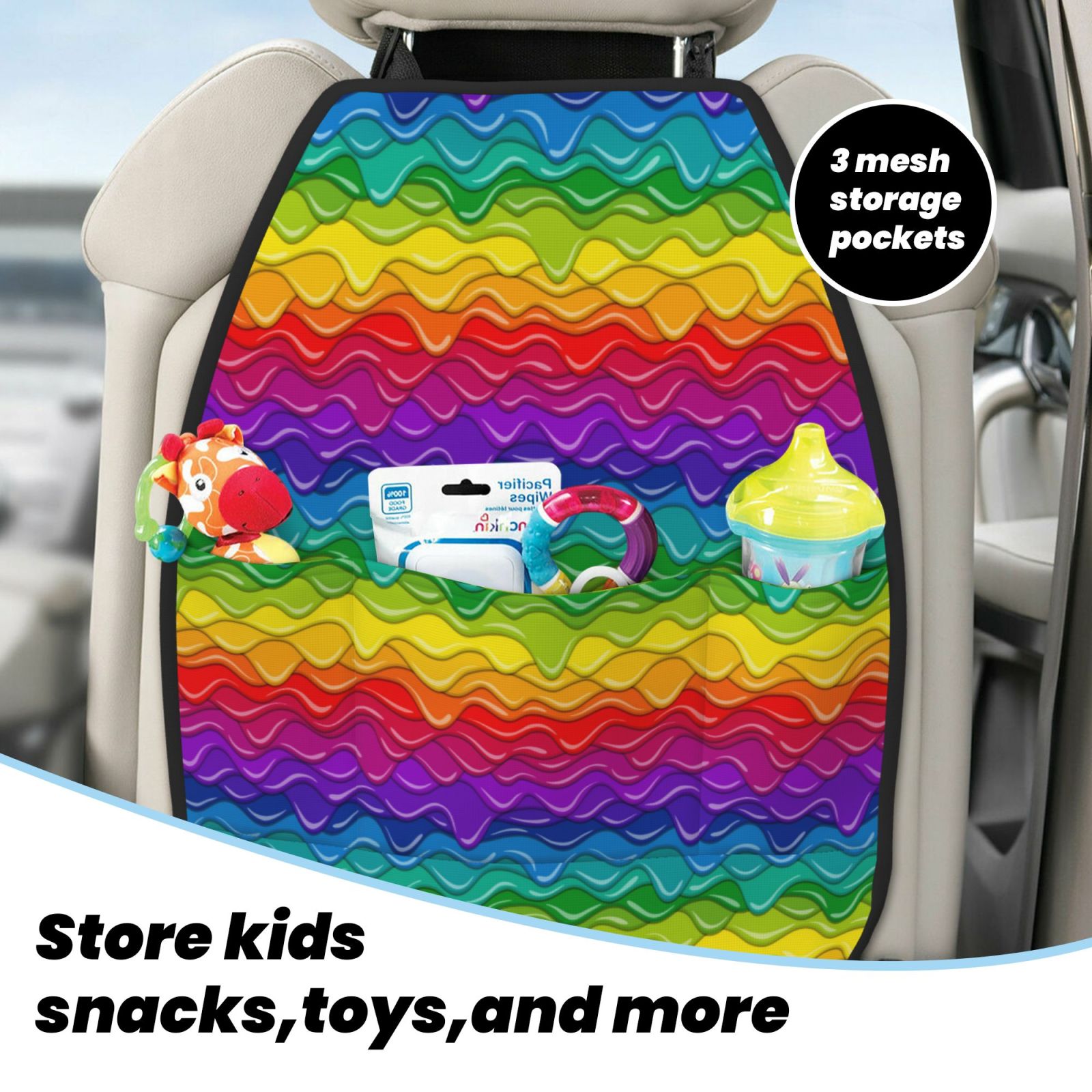 Xecao Bright Rainbow Pattern Car Seat Back Protector 2 Pack Large Capacity Pocket, Kick Mats Back Seat Protector