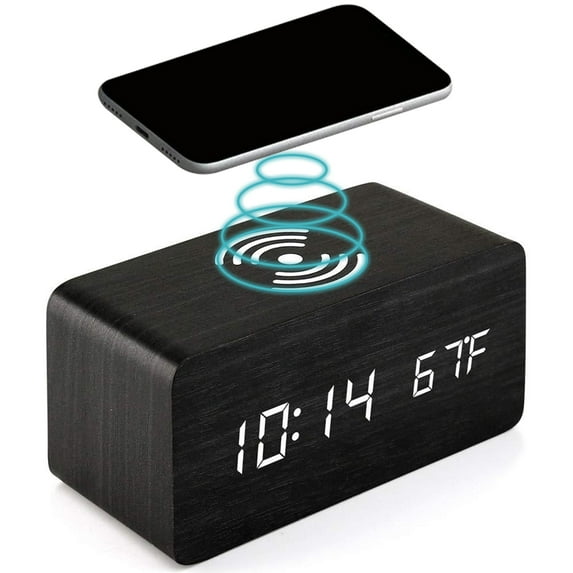 Wooden Digital Alarm Clock 3 Alarms Led Display Wireless Charging Electronic Alarm Clock For Bedroom Bedside Office