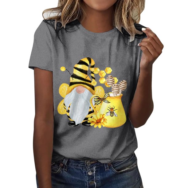 Gibobby Camisetas de verano para mujer Camiseta cuello redondo manga corta algodón tipo versión clásica para mujer Festival abejas estampado divertido(Gris,XL)