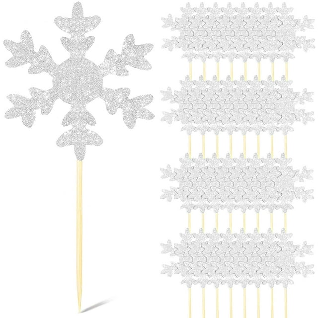 50 adornos para cupcakes con forma de copo de nieve, de doble cara, con purpurina plateada, para Navidad, palillos de dientes y postres de invierno.