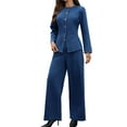 thumbnail image 3 of Women 2 Piece Denim Set Y2k Shirt Wide Leg Jeans Palazzo Pants Outfits Blue Suit L, 3 of 9