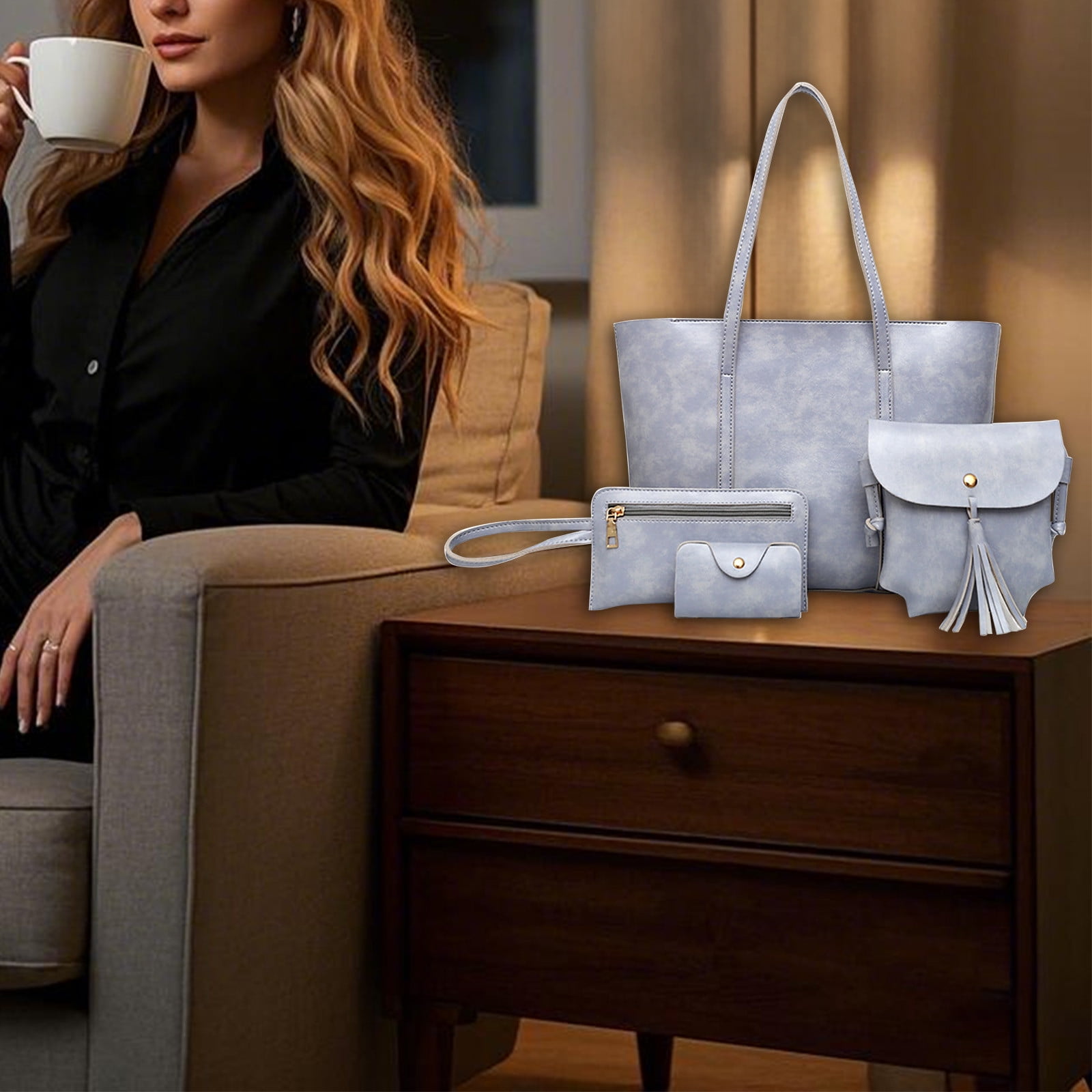 Clearance! Titcea Handbags for Women, Retro Leather Satchel, Tote Bag & Shoulder Bag & Purse & Card Bag Set 4pcs, Gifts for Mom/Her
