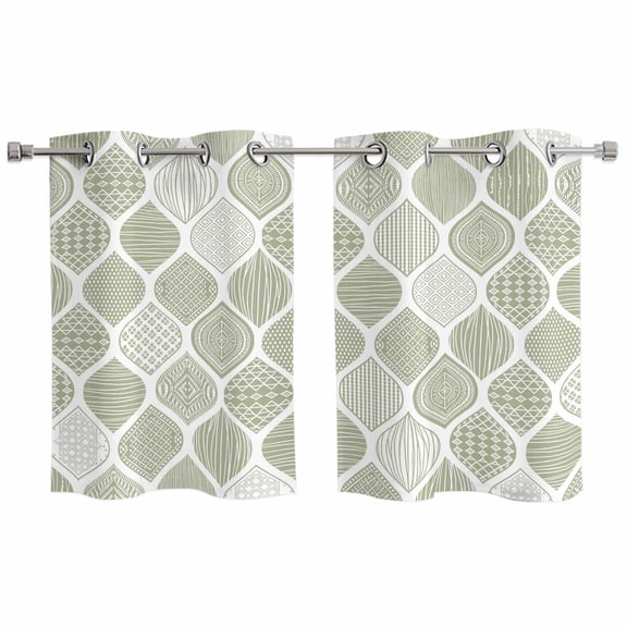 2 Panels Kitchen Tier Curtains 39 Inch Length, Sage Green Geometric Grommets Window Treatment Curtain, Moroccan Chic Abstract Plaid Art Thermal Curtains Drapes for Living Room/Bathroom