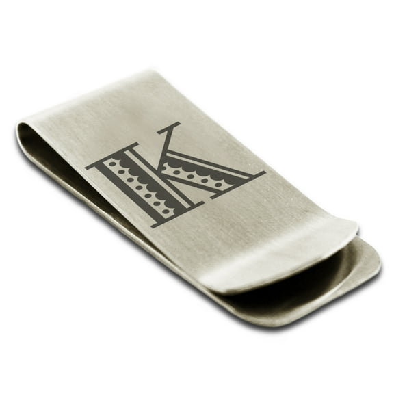 Stainless Steel Letter K Initial Metro Retro Monogram Engraved Engraved Money Clip Credit Card Holder