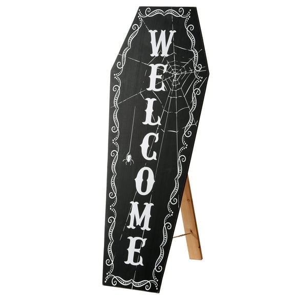 National Tree Company Halloween Porch Sign, Black, Welcome, Coffin, Spider Web,Wooden, Standup Sign, 28 Inch