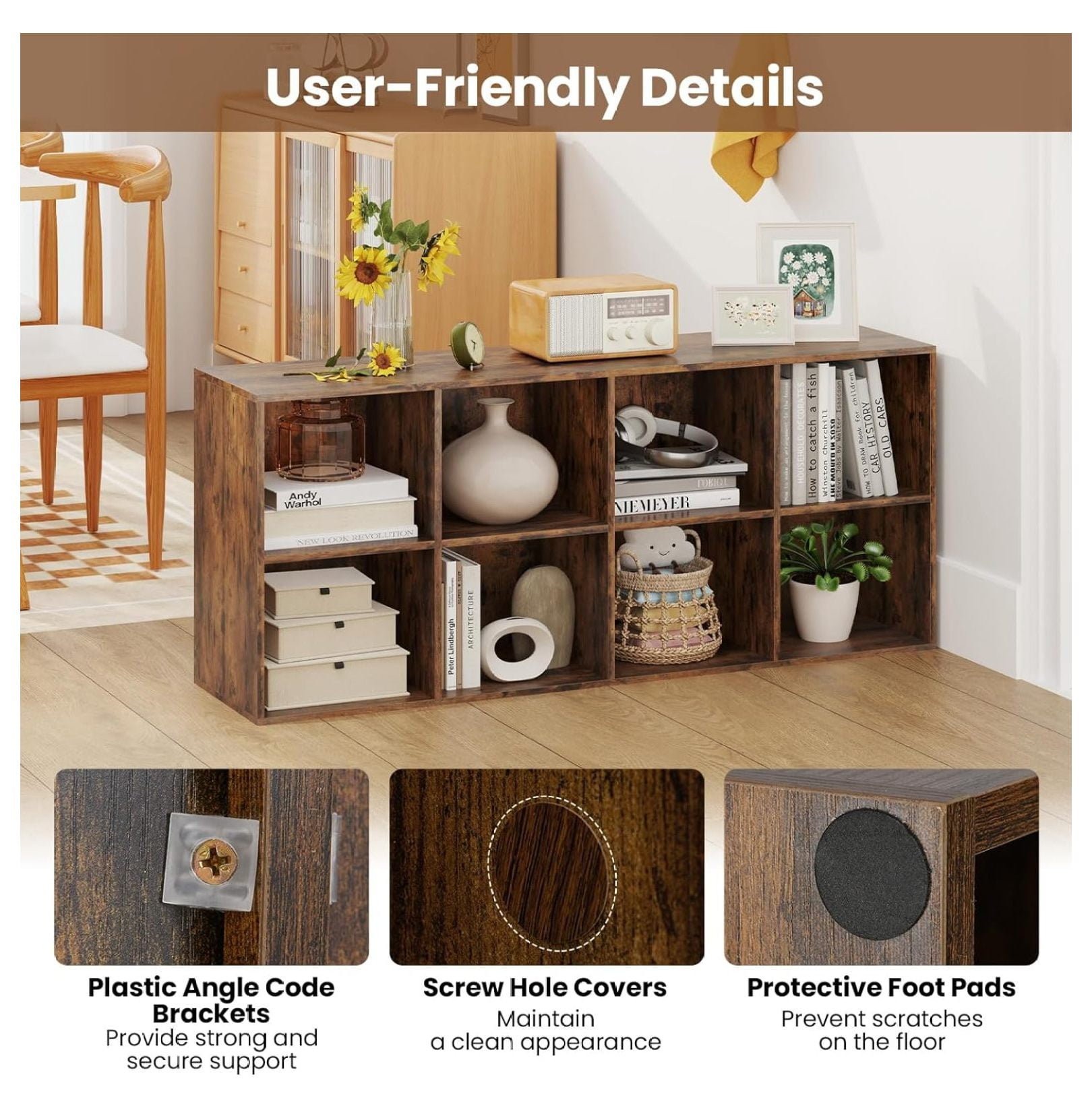 WDZS 8-Cube Bookcase, Floor Standing Bookshelf with Storage & 2 Anti-Tipping Kits, Open Storage Organizer, Cubby Wooden Book Shelf for Living Room, Study & Bedroom, Rustic Brown