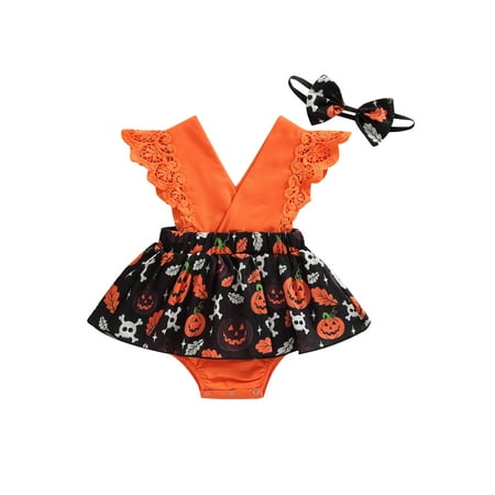 

Suanret Halloween Dress for Baby Girls Skull Pumpkin Print V-Neck Patchwork Romper with Skirt Hem + Headband Orange 0-3 Months