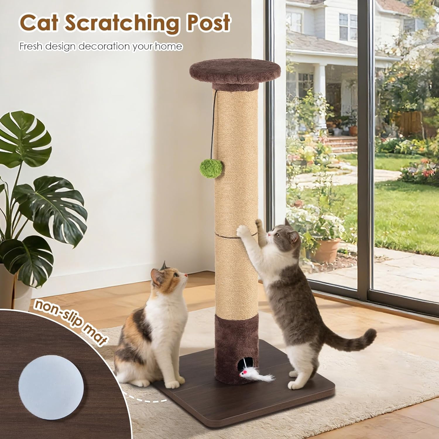 Scratching Post for Indoor Cats Adults – 33." Tall  Sisal Scratcher with Interactive Mouse Hole, Sturdy Furniture Board Base