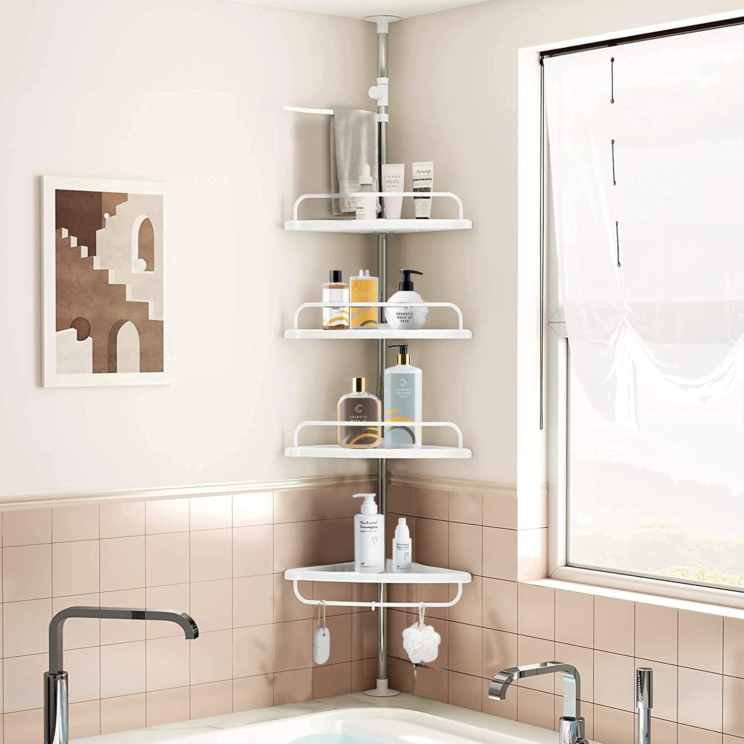 4-Tier WHT Plastic Tension Bathroom Corner Shelf Bath Shower Caddy Pole Storage 