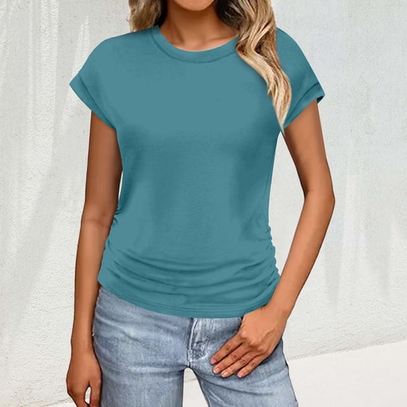 Tittly T Shirts for Women Spring Tops for Women Womens Summer Tops Trendy 2025 Ruched Cap Short Sleeve Tshirts Shirts Crew Neck T Shirts Fashion Tshirts Shirts Basic Tees Green XL