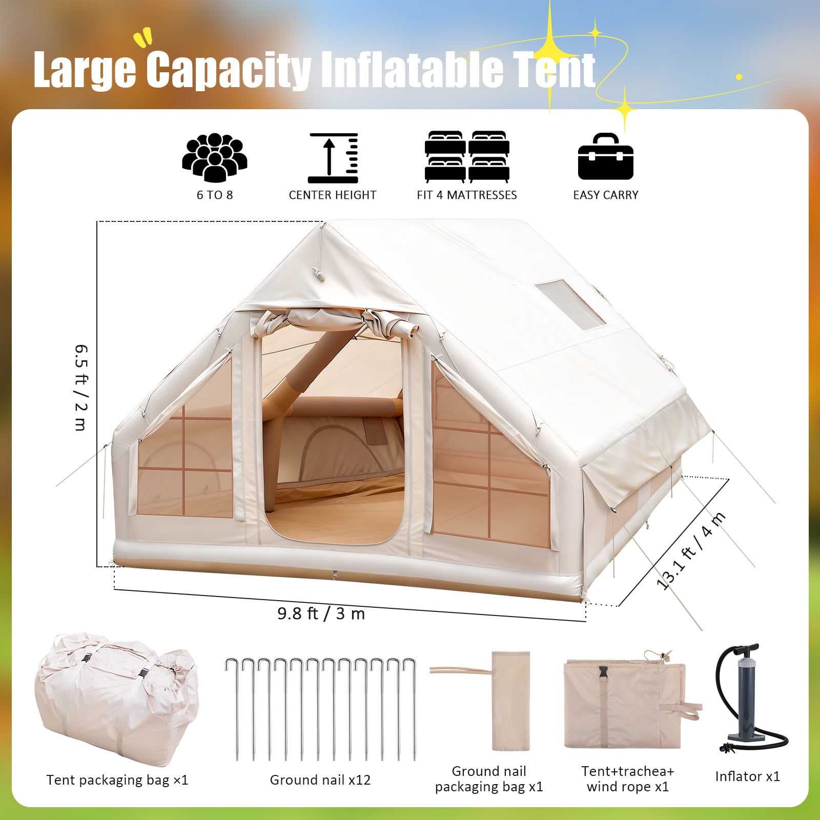 Hemoton 6-8 Person Inflatable Camping Tent with Pump, Waterproof Family Tent for Outdoor Camping, Hiking & Travel, Khaki