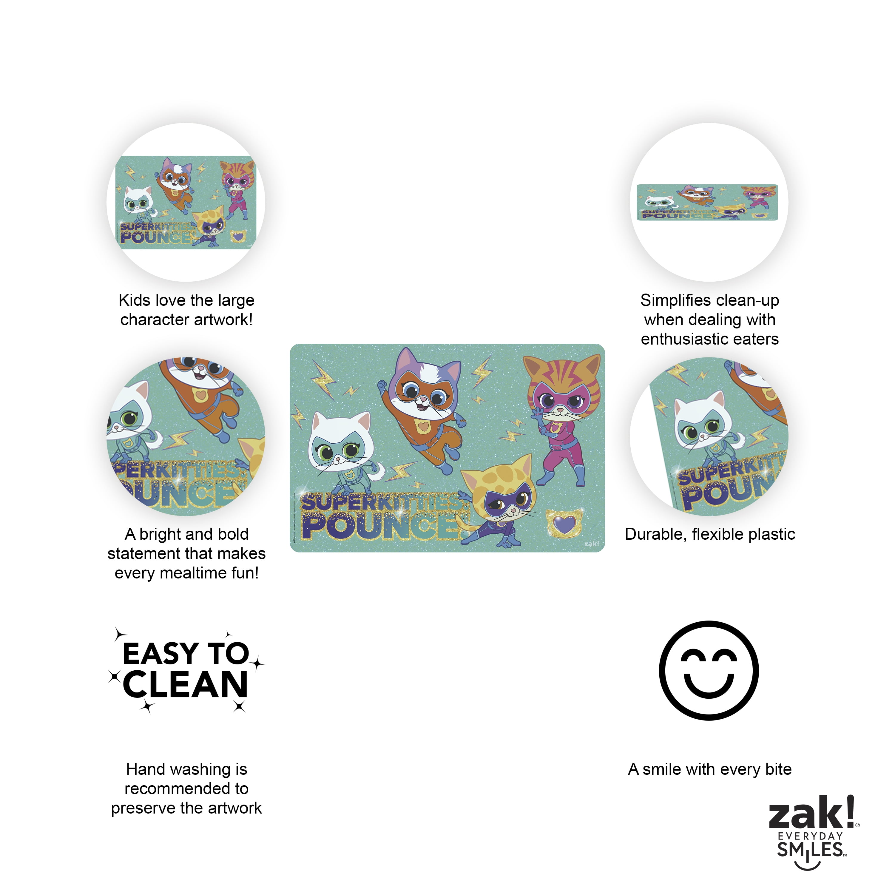 (4 pack) Zak Designs 11.8" x 17.6" Super Kitties Reusable Kids Plastic Placemat, Disney Junior Super Kitties