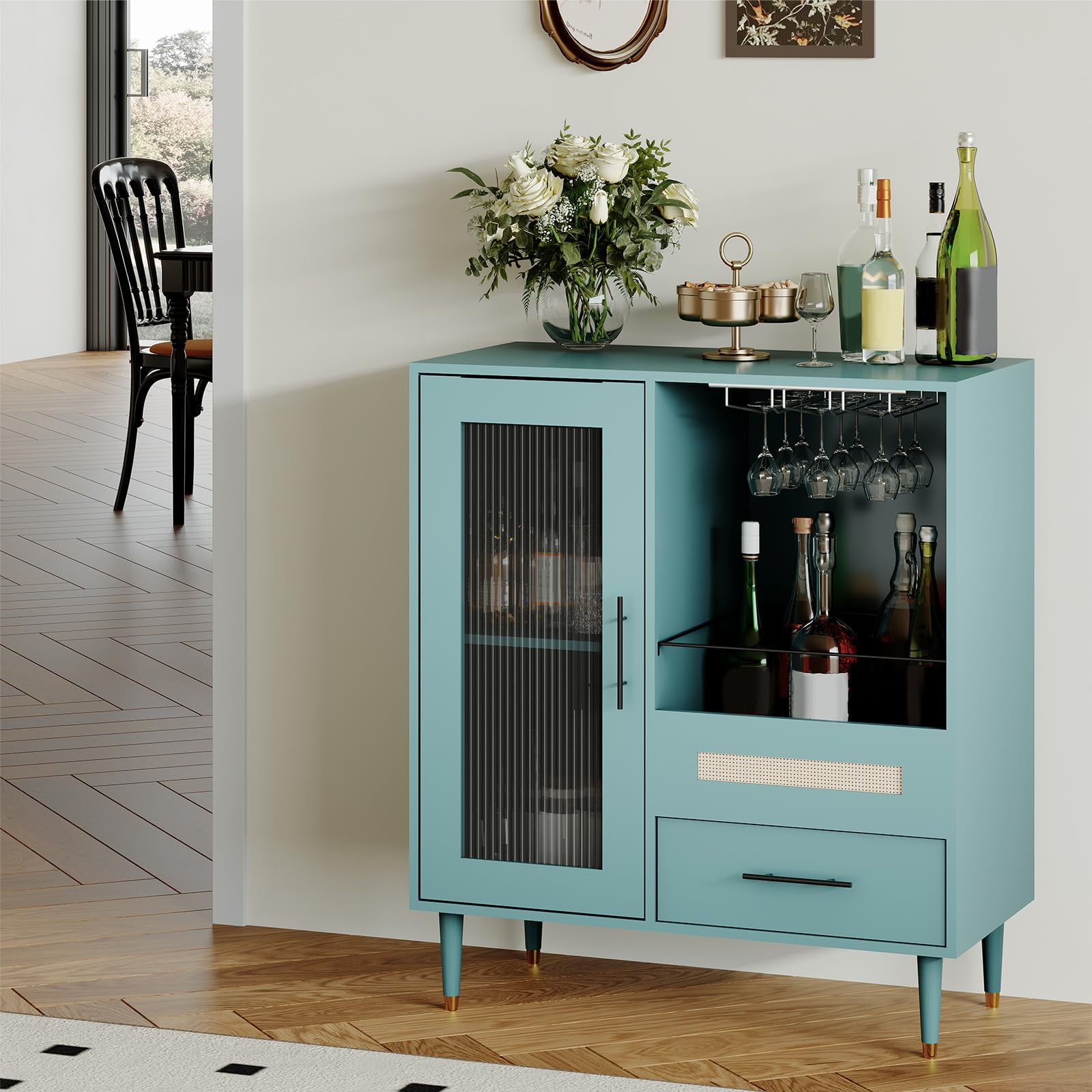 Modern Wine Bar Cabinet with Wine Glass Rack Glass Door Display and Drawers Coffee Bar & Liquor Cabinet with Storage Buffet Sideboard Table for Home Kitchen Dining Room Living Room
