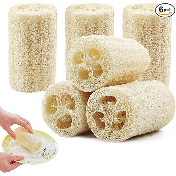 6 esponjas de lufa (longitud 10 cm diámetro 4-7 cm) esponja natural para lavar platos esponja para fregar la bañera esponja para limpiar la cocina/fregar la ducha/fregar los platos con lufa